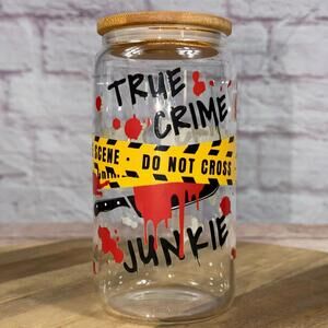 True Crime Junkie 16oz Decorative Glass Tumbler with Bamboo Lid New